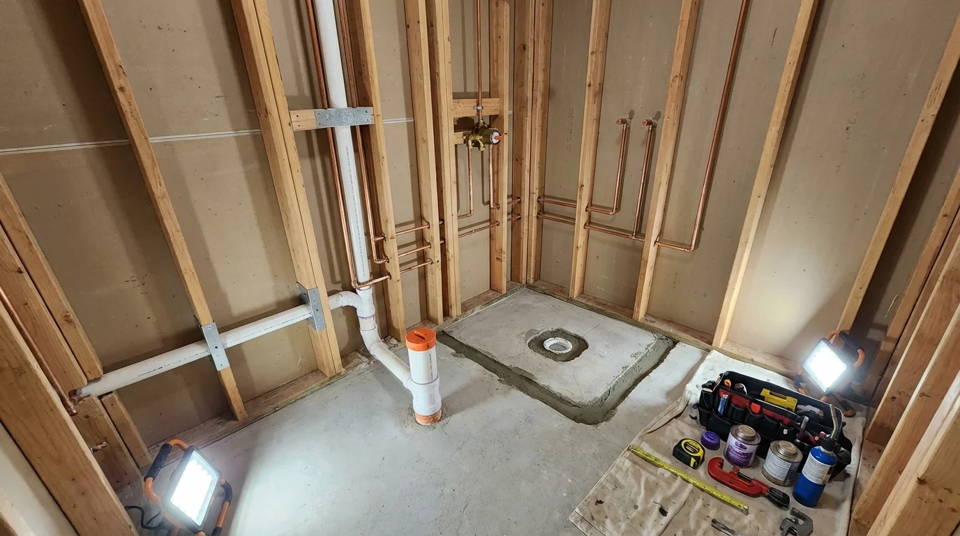Bathroom rough-in plumbing during remodel by Johns Plumbing LLC in French Lick