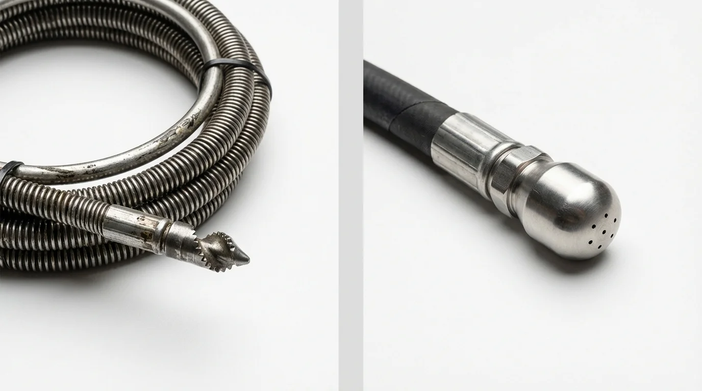 Drain snake cable and hydro jetting nozzle used for drain cleaning in French Lick, IN