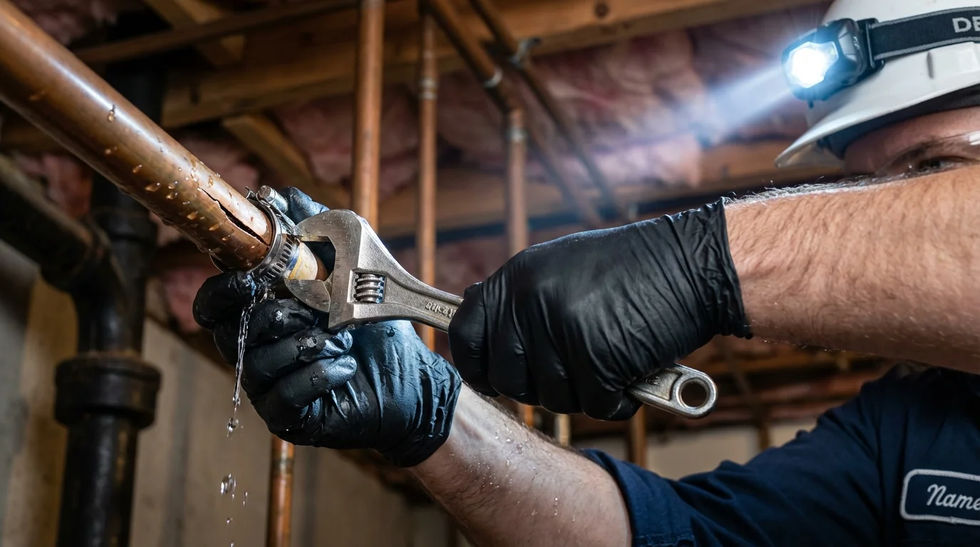 Emergency pipe clamp repair being performed by a Johns Plumbing LLC plumber in French Lick