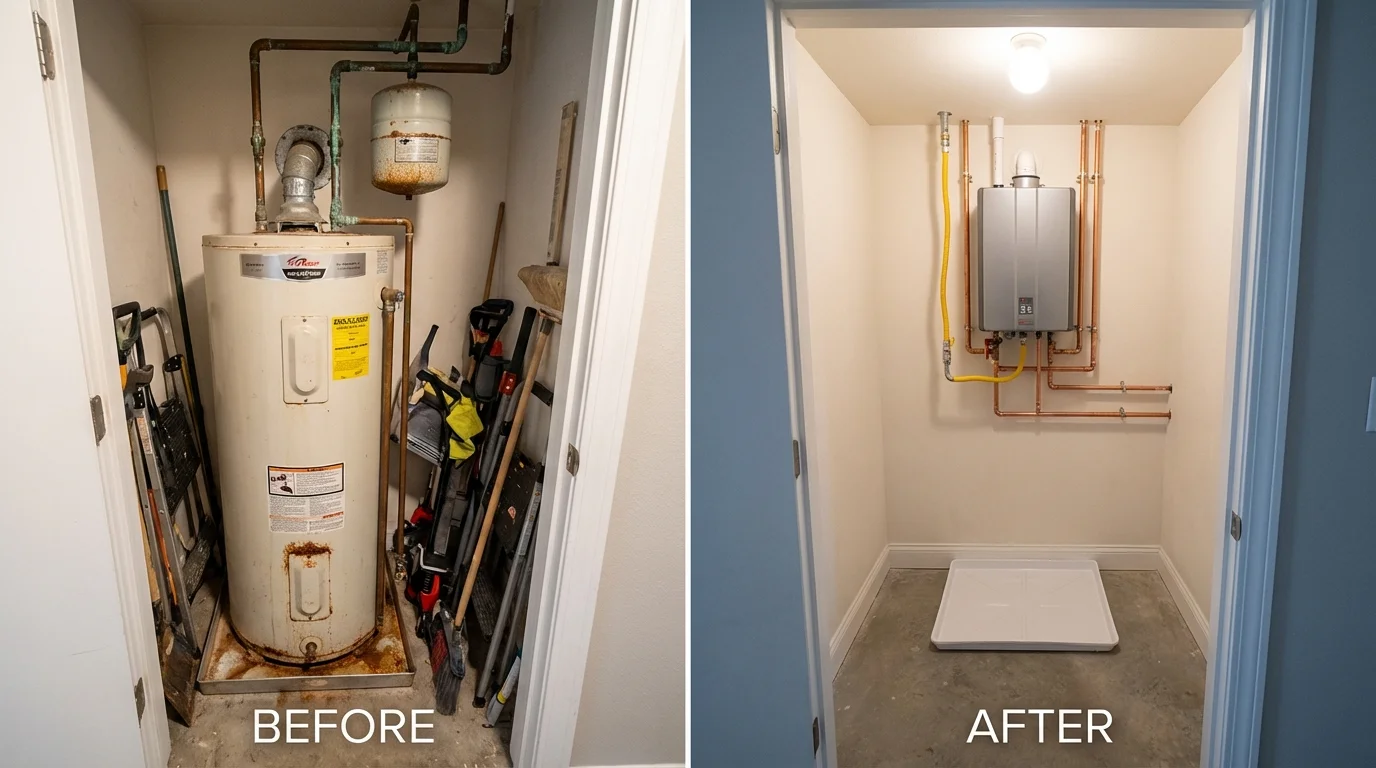 Tank water heater versus wall-mounted tankless unit comparison for French Lick, IN homeowners
