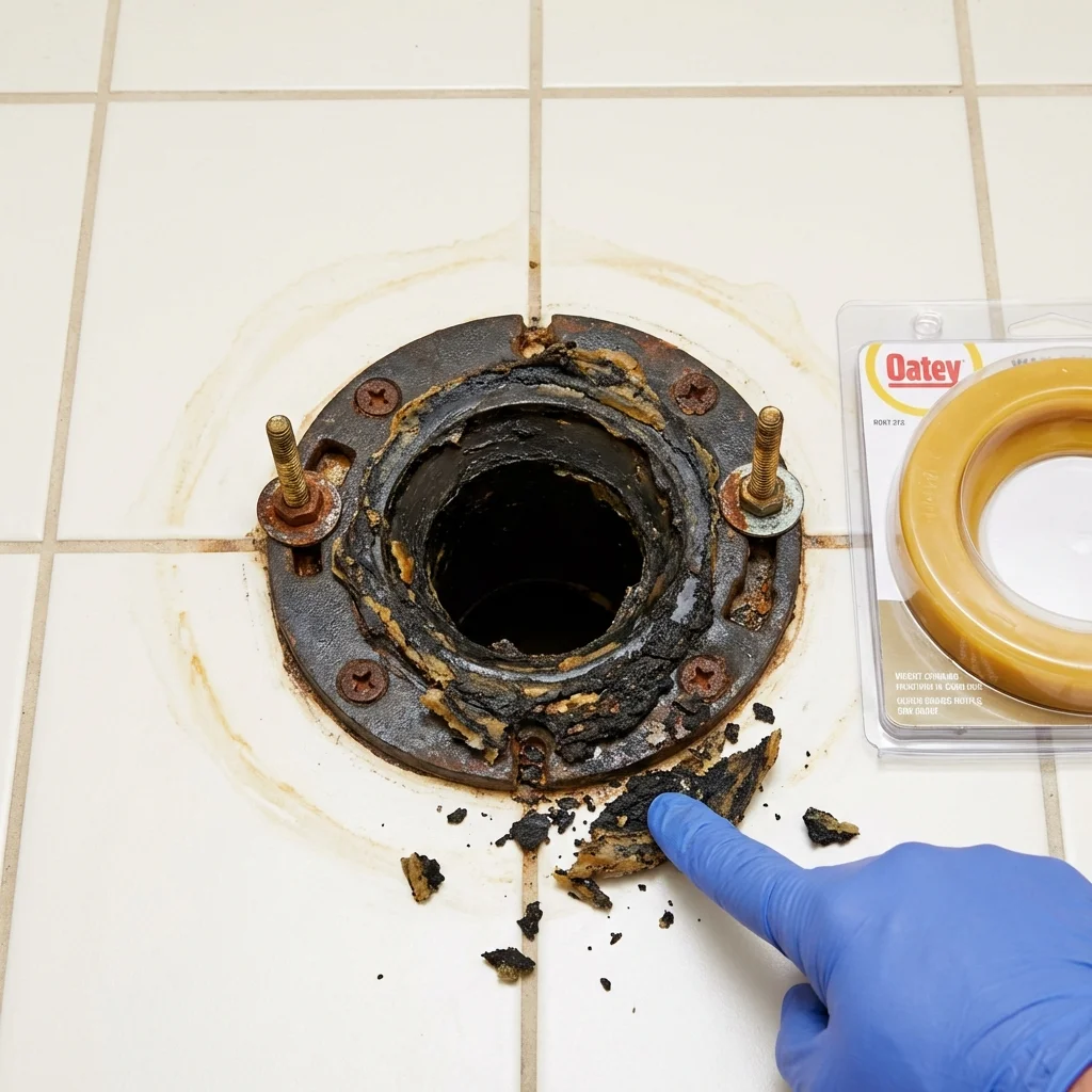 Failed wax ring showing water seepage at the base of a toilet in a French Lick, IN home
