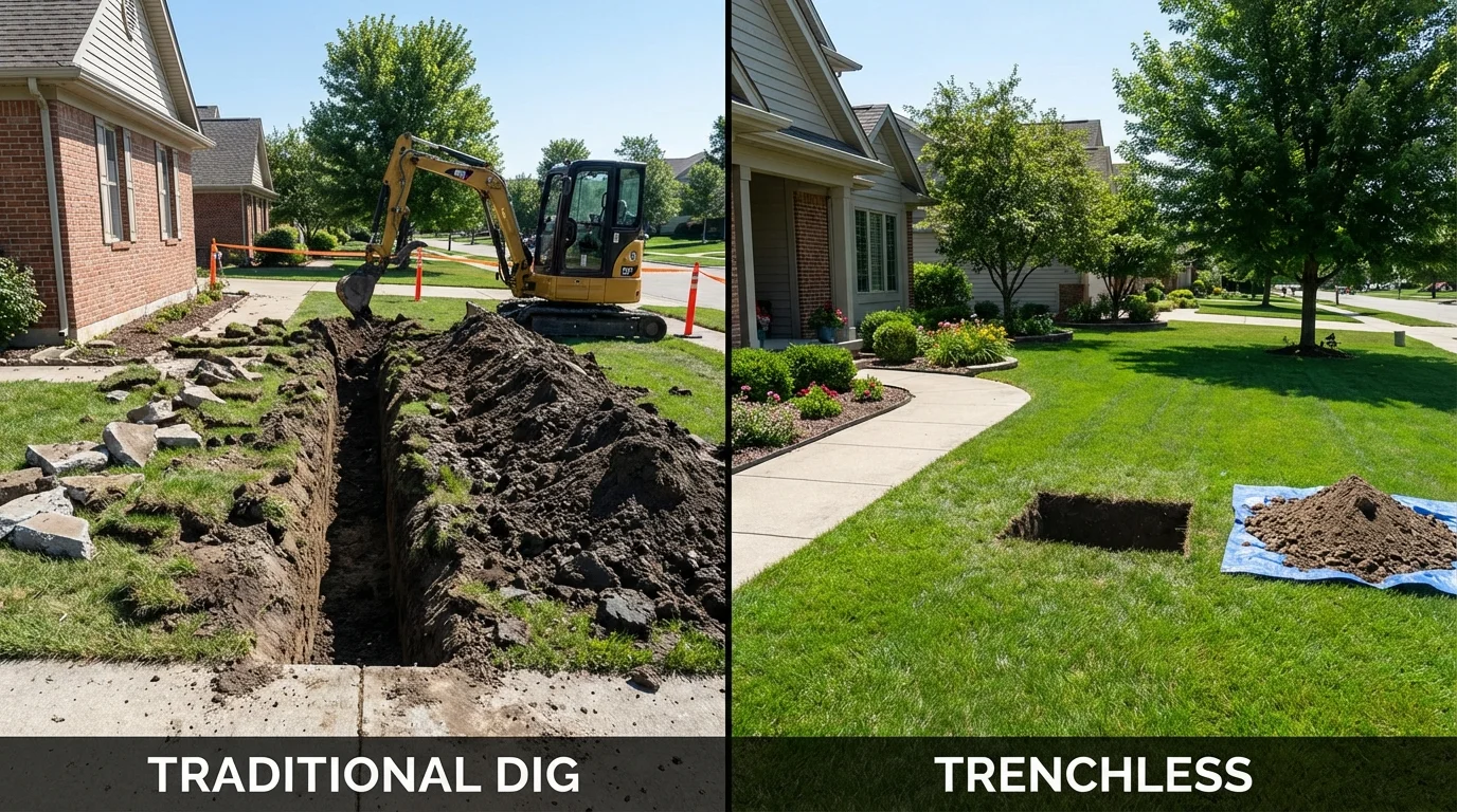 Trenchless sewer repair with minimal yard damage versus traditional excavation in French Lick, IN