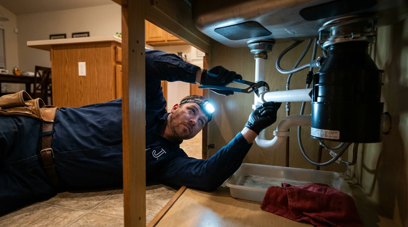 P-trap and supply line connections under a kitchen sink showing a common leak point in French Lick, IN